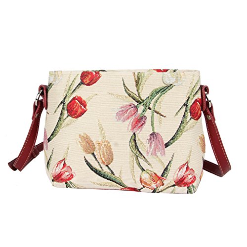 Signare Tapestry Crossbody Purse Small Shoulder Bag for Women with Tulip Flower White Design (XB02- TULWT)