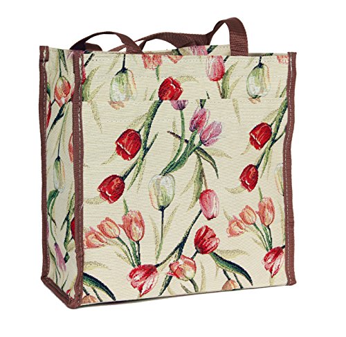 Signare Tapestry Shoulder Bag Shopping Bag for Women with Floral Tulip White Design