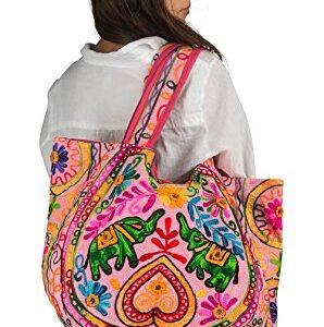 TribeAzure Pink Elephant Canvas Shoulder Bag Handbag Tote Purse Casual Spacious Summer Spring Top Handle Large