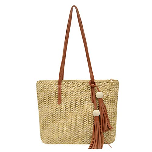 QTKJ Women Summer Straw Beach Bag Handwoven Big Tote Leather Shoulder Bag Handbag with Beaded Tassel Decorate (Khaki)