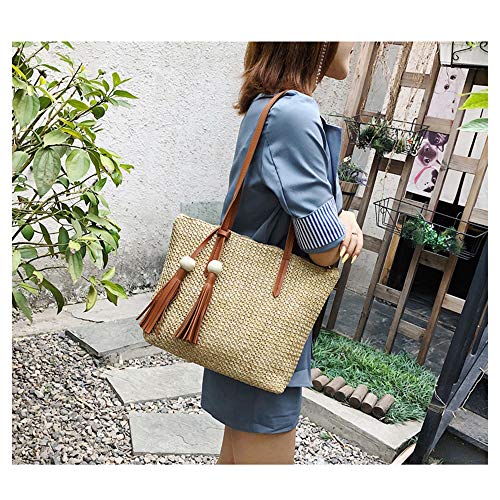 QTKJ Women Summer Straw Beach Bag Handwoven Big Tote Leather Shoulder Bag Handbag with Beaded Tassel Decorate (Khaki)