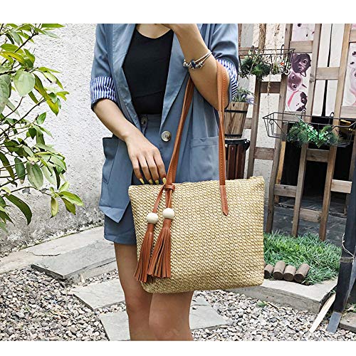 QTKJ Women Summer Straw Beach Bag Handwoven Big Tote Leather Shoulder Bag Handbag with Beaded Tassel Decorate (Khaki)