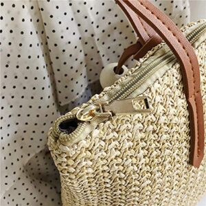 QTKJ Women Summer Straw Beach Bag Handwoven Big Tote Leather Shoulder Bag Handbag with Beaded Tassel Decorate (Khaki)