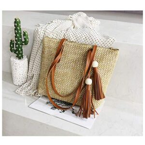 QTKJ Women Summer Straw Beach Bag Handwoven Big Tote Leather Shoulder Bag Handbag with Beaded Tassel Decorate (Khaki)