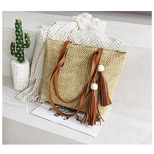 QTKJ Women Summer Straw Beach Bag Handwoven Big Tote Leather Shoulder Bag Handbag with Beaded Tassel Decorate (Khaki)