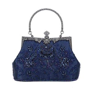 kisschic women’s handbag vintage rose embroidered beaded sequin evening bag wedding party clutch purse (navy blue)
