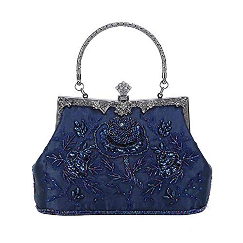 KISSCHIC Women's Handbag Vintage Rose Embroidered Beaded Sequin Evening Bag Wedding Party Clutch Purse (Navy Blue)