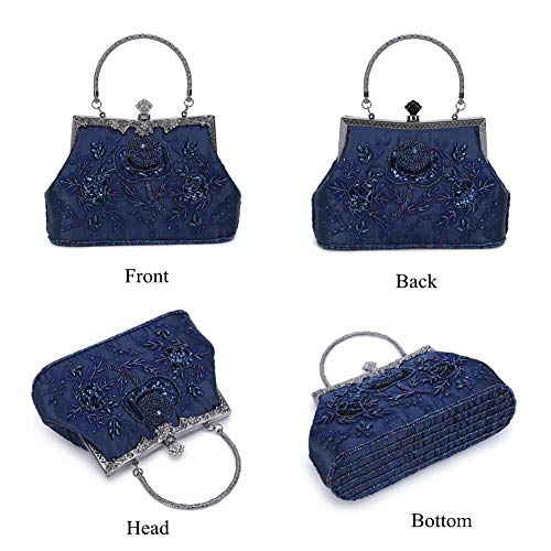 KISSCHIC Women's Handbag Vintage Rose Embroidered Beaded Sequin Evening Bag Wedding Party Clutch Purse (Navy Blue)