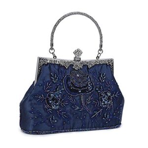 KISSCHIC Women's Handbag Vintage Rose Embroidered Beaded Sequin Evening Bag Wedding Party Clutch Purse (Navy Blue)