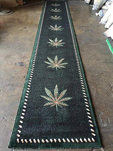 Americana Marijuana Long Runner Rug Black &Green Design#139 (32in.X15ft10in.)