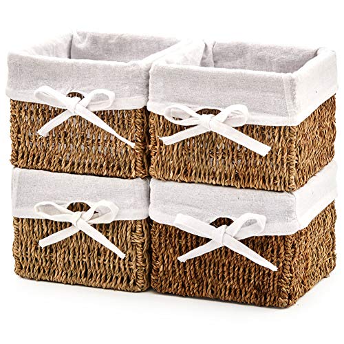 EZOWare Set of 4 Natural Woven Seagrass Wicker Storage Nest Baskets Organizer Container Bins with Liner - Brown (7 x 7 x 5.5 inches)