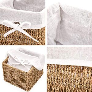 EZOWare Set of 4 Natural Woven Seagrass Wicker Storage Nest Baskets Organizer Container Bins with Liner - Brown (7 x 7 x 5.5 inches)