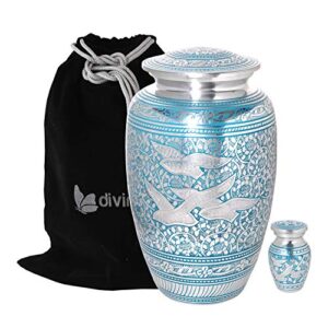 divinityurns wings of love blue & silver cremation urn – metal cremation urn – handcrafted and affordable large urn for human ashes – adult funeral urn with free bag and free keepsake