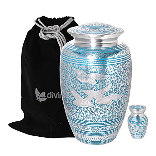 Divinityurns Wings of Love Blue & Silver Cremation Urn - Metal Cremation Urn - Handcrafted and Affordable Large Urn for Human Ashes - Adult Funeral Urn with Free Bag and Free Keepsake