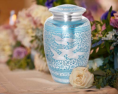 Divinityurns Wings of Love Blue & Silver Cremation Urn - Metal Cremation Urn - Handcrafted and Affordable Large Urn for Human Ashes - Adult Funeral Urn with Free Bag and Free Keepsake