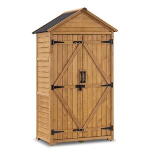 mcombo outdoor storage cabinet, garden wood tool shed, outside wooden shed closet with shelves and latch for yard, patio, deck and porch 1000