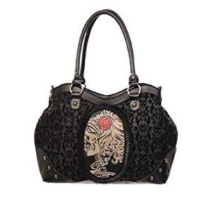 Lost Queen Gothic Flocked Skull Cameo Skull Lady Rose Black Handbag, Large