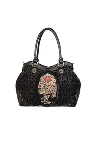 Lost Queen Gothic Flocked Skull Cameo Skull Lady Rose Black Handbag, Large