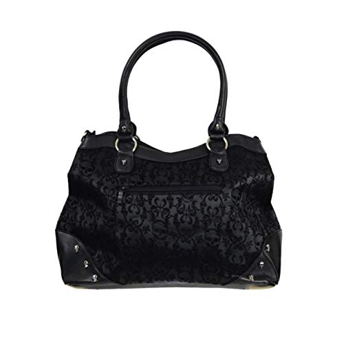 Lost Queen Gothic Flocked Skull Cameo Skull Lady Rose Black Handbag, Large