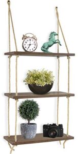 greenco decorative rustic jute rope wall hanging floating shelves, distressed wood, 3 tier .