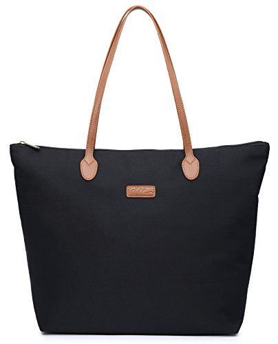 NNEE Water Resistant Light Weight Nylon Tote Bag Handbag - Medium Size, Black