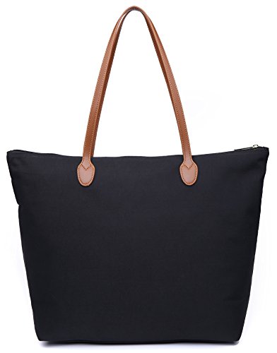NNEE Water Resistant Light Weight Nylon Tote Bag Handbag - Medium Size, Black