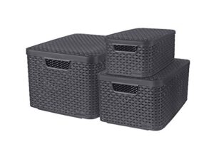 curver style set of 3 baskets with lids, sizes s 7 litres, m 18 litres and l 30 litres, anthracite