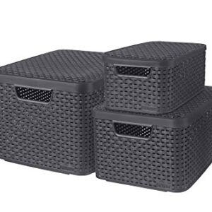 Curver Style Set of 3 Baskets with Lids, Sizes S 7 Litres, M 18 Litres and L 30 Litres, Anthracite