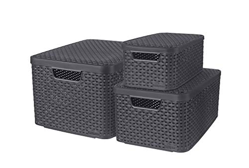 Curver Style Set of 3 Baskets with Lids, Sizes S 7 Litres, M 18 Litres and L 30 Litres, Anthracite