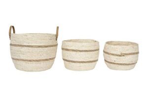 creative co-op beige & brown maize baskets with leather handle (set of 3 sizes) wicker non-food storage, brown
