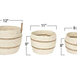 Creative Co-Op Beige & Brown Maize Baskets with Leather Handle (Set of 3 Sizes) Wicker Non-Food Storage, Brown