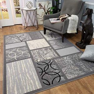 rubber backed area rug, 58 x 78 inch (fits 5×7 area), grey geometric, non slip, kitchen rugs and mats