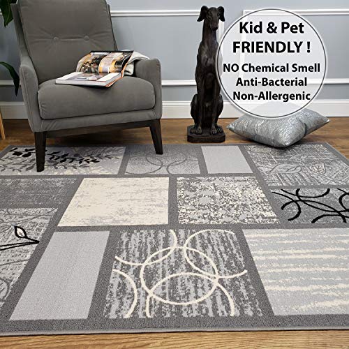 Rubber Backed Area Rug, 58 x 78 inch (fits 5x7 Area), Grey Geometric, Non Slip, Kitchen Rugs and Mats