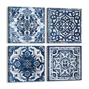 bedroom decor canvas wall art flower pattern prints bathroom abstract pictures modern navy framed wall decor artwork for walls hang for bedroom 4 pieces wall decoration size 14×14 each panel