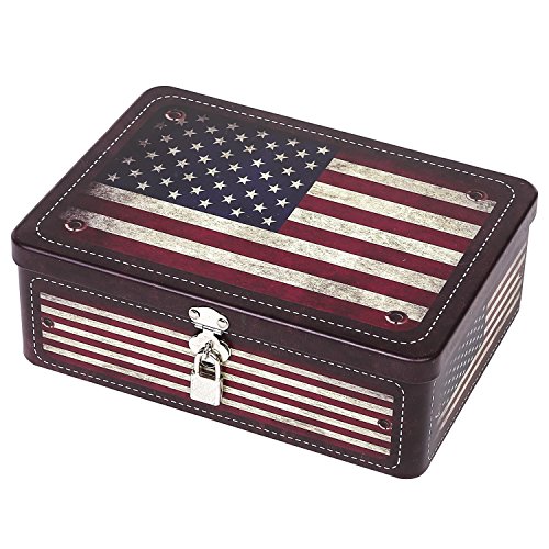 MyGift Decorative Storage Box, Retro Style American Flag Tin Metal Keepsake Box with Lid and Padlock