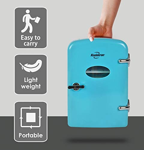 Koolatron Retro Mini Portable Fridge, 4L Compact Refrigerator for Skincare, Beauty Serum, Face Mask, Personal Cooler, Includes 12V and AC Cords, Desktop Accessory for Home Office Dorm Travel, Aqua