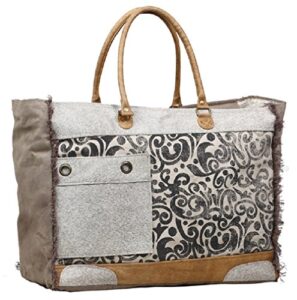 myra bag hide & floral upcycled canvas weekender bag s-1199