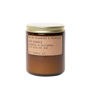 p.f. candle co. teakwood & tobacco classic standard scented soy wax candle (7.2 oz) 40-50 hour burn time, cotton wick, amber glass jar
