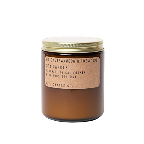 P.F. Candle Co. Teakwood & Tobacco Classic Standard Scented Soy Wax Candle (7.2 oz) 40-50 Hour Burn Time, Cotton Wick, Amber Glass Jar