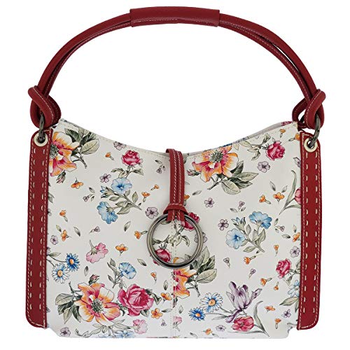 Fioretta Italian Genuine Leather Flower Pattern Zippered Top Tote Shoulder Bag Handbag For Women