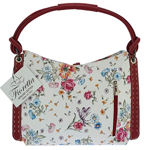 Fioretta Italian Genuine Leather Flower Pattern Zippered Top Tote Shoulder Bag Handbag For Women