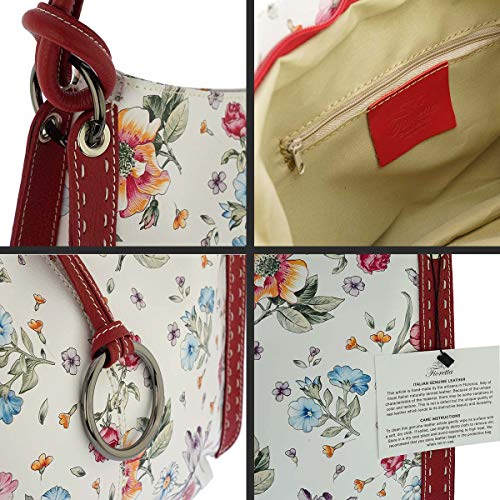 Fioretta Italian Genuine Leather Flower Pattern Zippered Top Tote Shoulder Bag Handbag For Women