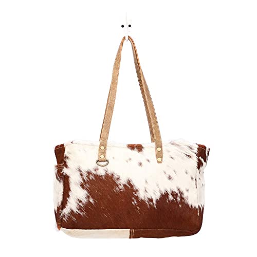 Myra Bag Fawn & White Upcycled Canvas & Cowhide Small Handbag S-1453 Brown