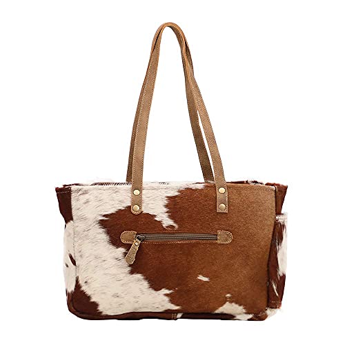 Myra Bag Fawn & White Upcycled Canvas & Cowhide Small Handbag S-1453 Brown