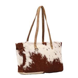 Myra Bag Fawn & White Upcycled Canvas & Cowhide Small Handbag S-1453 Brown