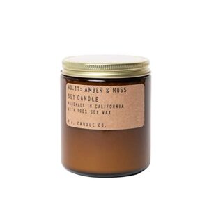 p.f. candle co. amber & moss classic standard scented soy wax candle (7.2 oz) 40-50 hour burn time, cotton wick, amber glass jar