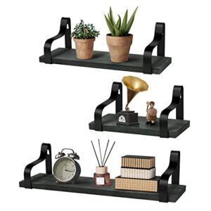 Flexzion Rustic Floating Book Shelves for Wall - Wall Mounted Set of 3 Floating Shelves for Bedroom, Bathroom, Kitchen, Living Room, and Plants - Floating Shelf, Dark Gray