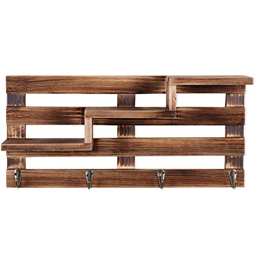 MyGift Wall Mounted Rustic Burnt Wood Key Rack Organizer with Tiered Floating Display Shelves