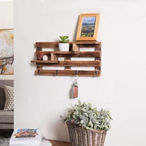 MyGift Wall Mounted Rustic Burnt Wood Key Rack Organizer with Tiered Floating Display Shelves