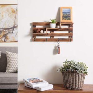 MyGift Wall Mounted Rustic Burnt Wood Key Rack Organizer with Tiered Floating Display Shelves